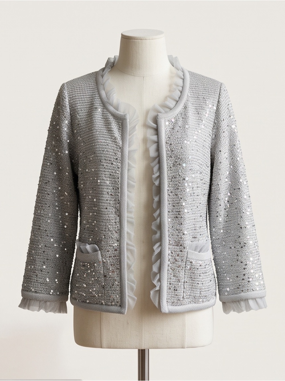 White House Black Market - Party Chic Silver Sequin Knit Jacket with Ruffle Trim